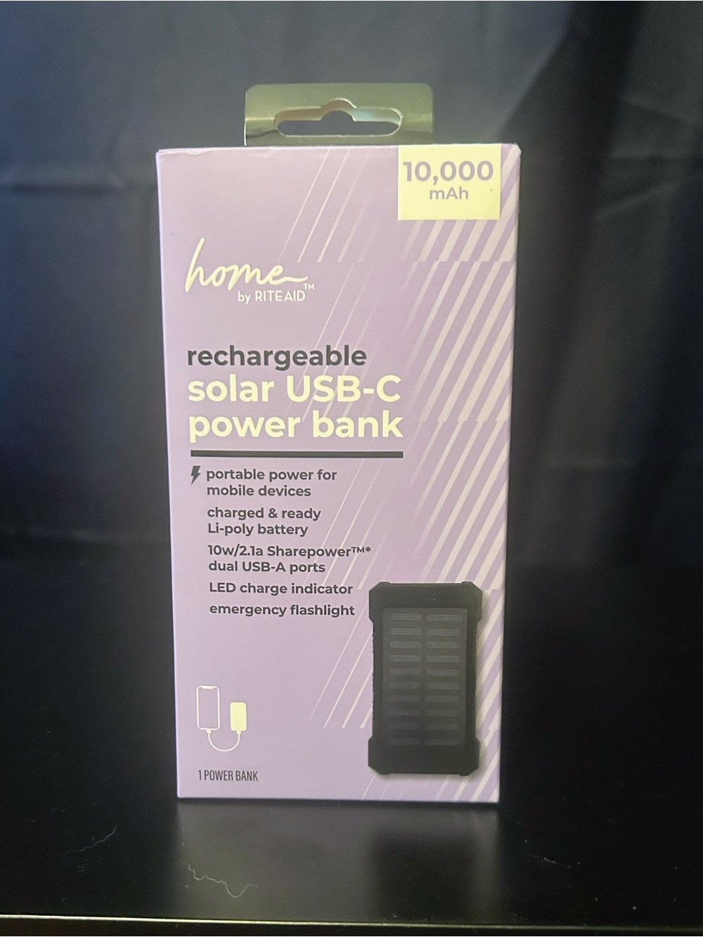 New Rechargeable 10,000 mAh  Solar USB-C Power Bank - Black